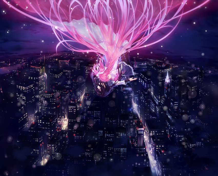 akemi_homura argyle argyle_legwear azmodan black_legwear bow building city cityscape closed_eyes dress falling frills gathers hair_bow highres hug kaname_madoka lights long_hair magical_girl mahou_shoujo_madoka_magica midair multiple_girls night night_sky pantyhose pink_hair purple_eyes purple_hair river scenery skirt sky skyscraper spoilers two_side_up ultimate_madoka upside-down very_long_hair white_dress