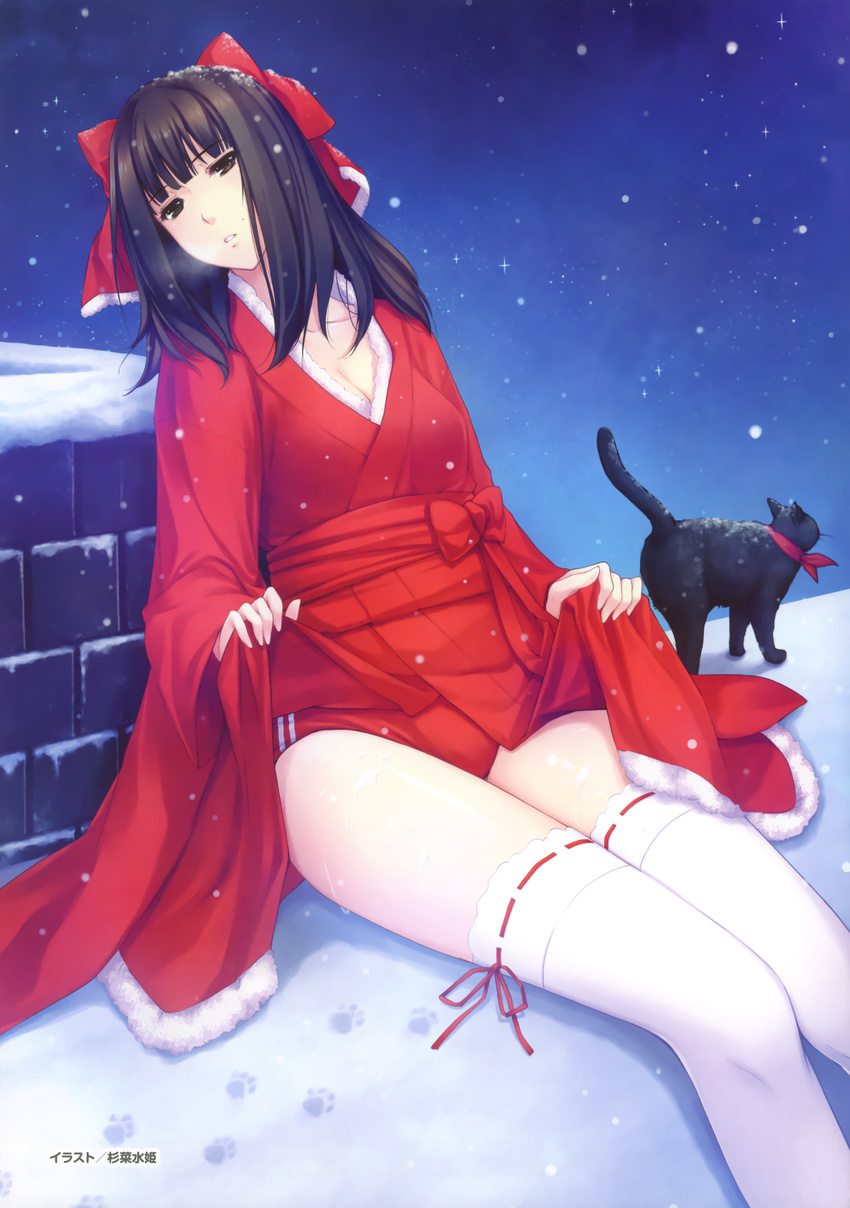 absurdres animal black_cat black_hair bow breasts buruma cat caucasus chimney cleavage fur-trimmed_kimono fur_trim hair_bow hakama_skirt highres image_sample japanese_clothes kimono lifted_by_self medium_breasts mole mole_above_mouth nanatsuki_benio parted_lips paw_print red ribbon ribbon-trimmed_legwear ribbon_trim rooftop scan short_hair sitting skirt skirt_lift snow snowing solo sugina_miki thighhighs white_legwear yandere_sample