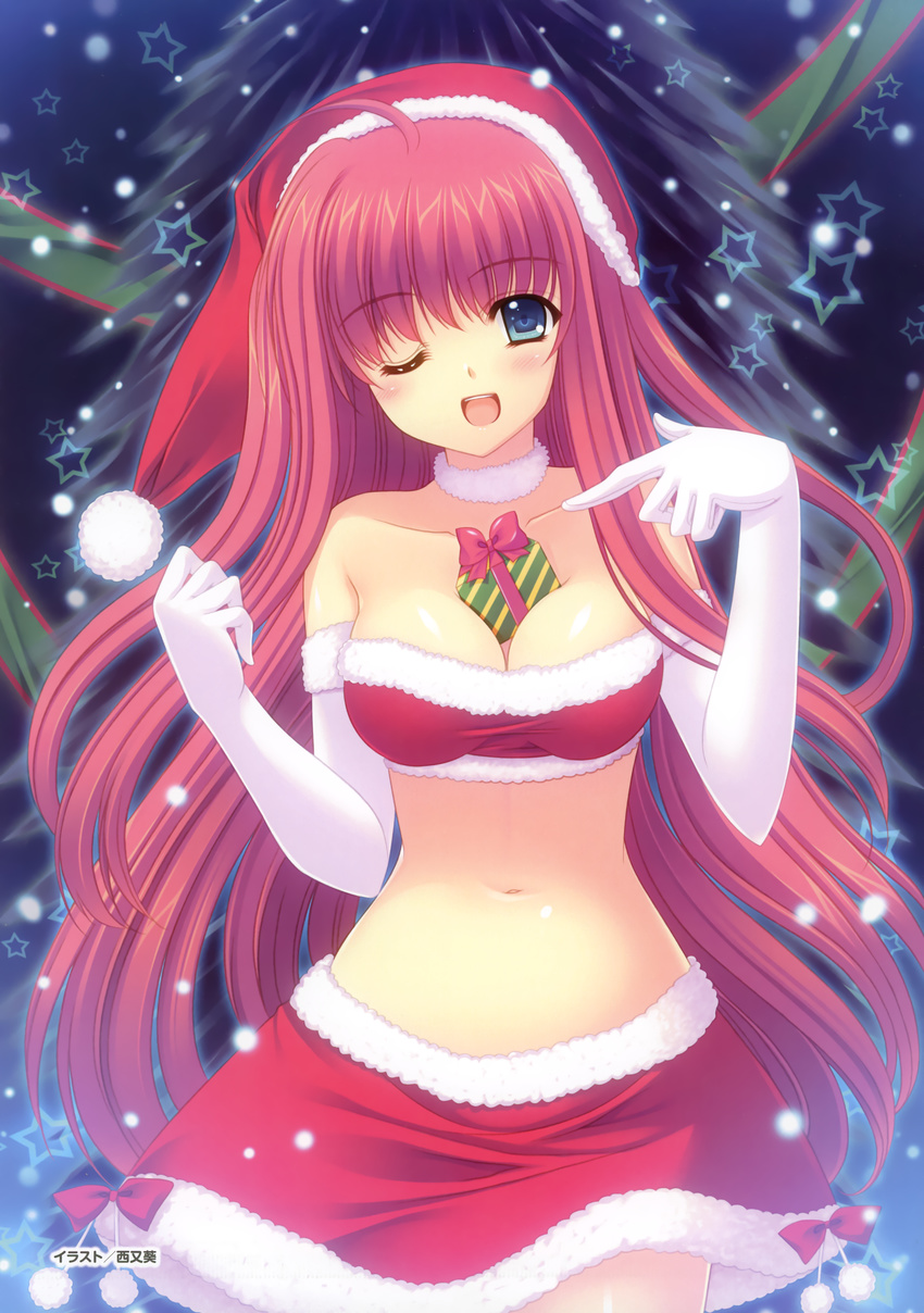 absurdres ahoge bare_shoulders between_breasts blue_eyes blush bow breasts choker christmas christmas_tree cleavage collarbone elbow_gloves gift gift_between_breasts gloves hat highres large_breasts long_hair looking_at_viewer midriff navel nishimata_aoi one_eye_closed open_mouth pointing red_hair santa_costume santa_hat sekai_seifuku_kanojo skirt snow snowing solo white_gloves yamino_yumeko