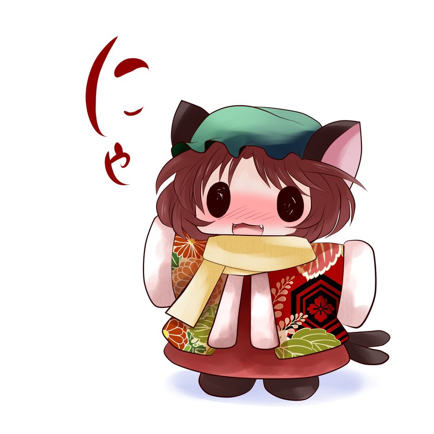 animal_ears blush brown_hair cat_ears cat_tail chen chibi fangs hat highres jacket multiple_tails open_mouth scarf short_hair sleeves_past_wrists solid_circle_eyes solo tail touhou yume_shokunin