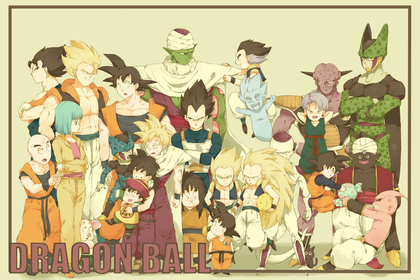 &gt;:) 4_b 6+boys age_difference alternate_form anger_vein angry armor arms_up bald barefoot black_hair black_skin blonde_hair blue_eyes blue_hair bulma candy cape captain_ginyu cat cell_(dragon_ball) cell_junior child clenched_teeth closed_eyes clothes_writing collarbone copyright_name crossed_arms dougi dragon_ball dragon_ball_(object) dragon_ball_z earrings flying food frieza fusion ghost gloves gogeta gotenks green_eyes green_skin hands_on_hips hat height_difference highres jewelry kuririn long_hair looking_away majin_buu male_focus mister_popo multicolored_hair multiple_boys muscle oolong open_mouth piccolo pink_skin puffy_pants purple_skin shoes short_hair smile son_gohan son_gokuu son_goten spiked_hair standing super_saiyan super_saiyan_3 sword tail tama_(dragon_ball) teeth time_paradox tongue tongue_out trunks_(dragon_ball) v-shaped_eyebrows vegeta vegetto wallpaper weapon widow's_peak wristband yajirobe younger