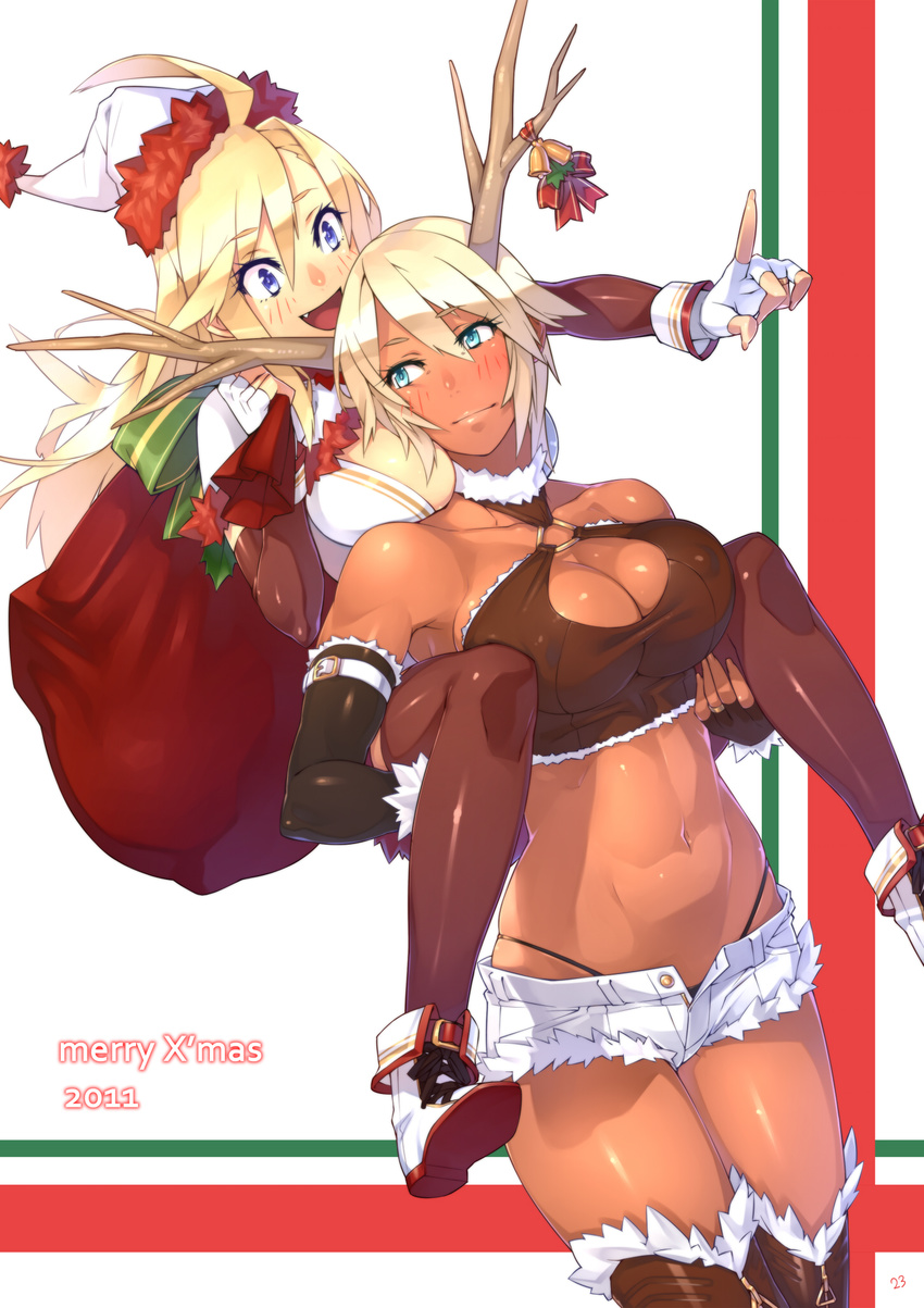 2girls ahoge_girl_(23) antlers bare_shoulders bell blonde_hair blue_eyes blush boots breast_press breast_rest breasts carrying christmas cleavage covered_nipples dark-skinned_girl_(23) dark_skin denim denim_shorts elbow_gloves fang fingerless_gloves gloves highres jewelry large_breasts merry_christmas multiple_girls navel no_bra open_mouth original panties piggyback pointing pointing_forward reindeer_antlers ring santa_costume short_shorts shorts tan thigh_boots thighhighs toned underwear unzipped wedding_band wife_and_wife yuri