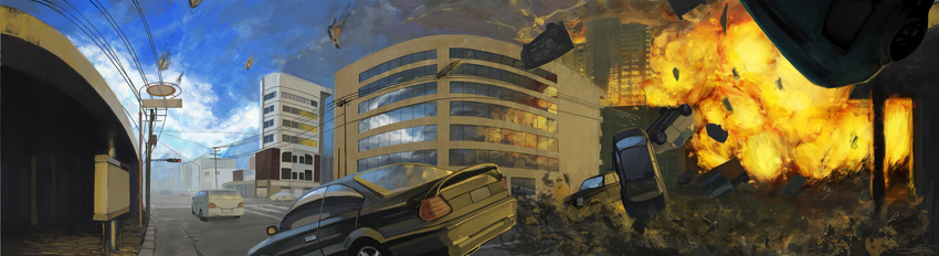 car code-aa copyright_request debris explosion fire ground_vehicle highres lamppost motor_vehicle no_humans scenery sign