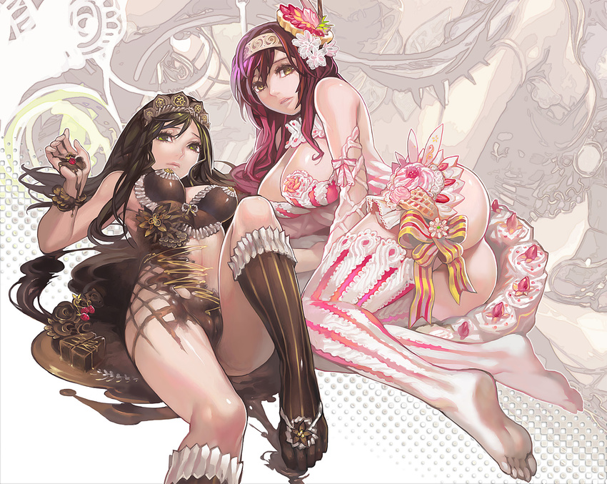 aoin ass barefoot black_hair bracelet breasts cake caramel chocolate chocolate_covered choker feet flower food food_as_clothes food_on_body fruit green_eyes hair_flower hair_ornament hairband icing in_food jewelry large_breasts legs long_hair melting multiple_girls naked_chocolate no_shoes nude original pastry personification pussy raspberry red_hair ribbon soles strawberry striped striped_legwear thighhighs tiara toes vertical-striped_legwear vertical_stripes white_legwear yellow_eyes