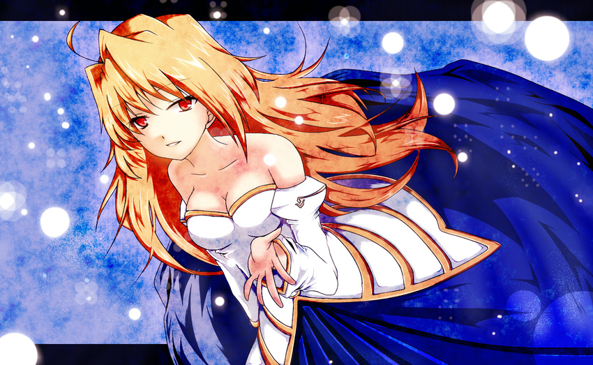 ahoge archetype_earth arcueid_brunestud bad_id bad_pixiv_id bare_shoulders blonde_hair breasts cleavage detached_sleeves dress long_hair medium_breasts melty_blood red_eyes snow solo strapless strapless_dress tsukihime yashirogi_suzuna