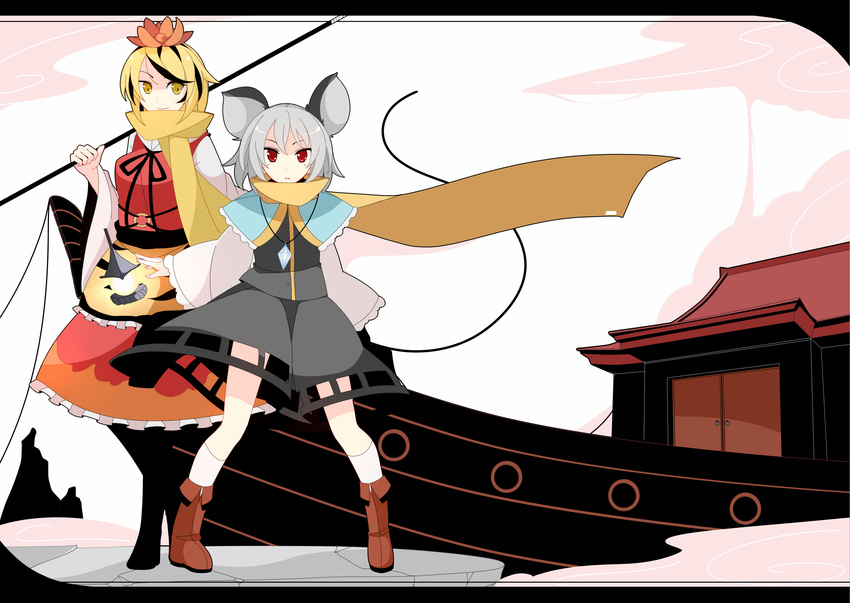 animal_ears bishamonten's_pagoda bishamonten's_spear blonde_hair boat boots dress grey_hair highres meneru mouse_ears multicolored_hair multiple_girls nazrin palanquin_ship polearm scarf spear toramaru_shou touhou watercraft weapon