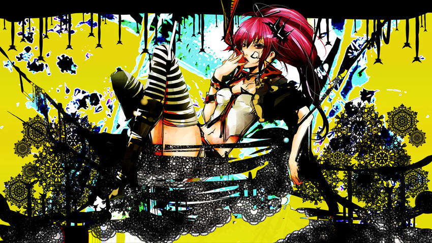 bad_id bad_pixiv_id boots cul long_hair ponytail red_eyes red_hair shiinoyuko solo striped striped_legwear thighhighs vocaloid