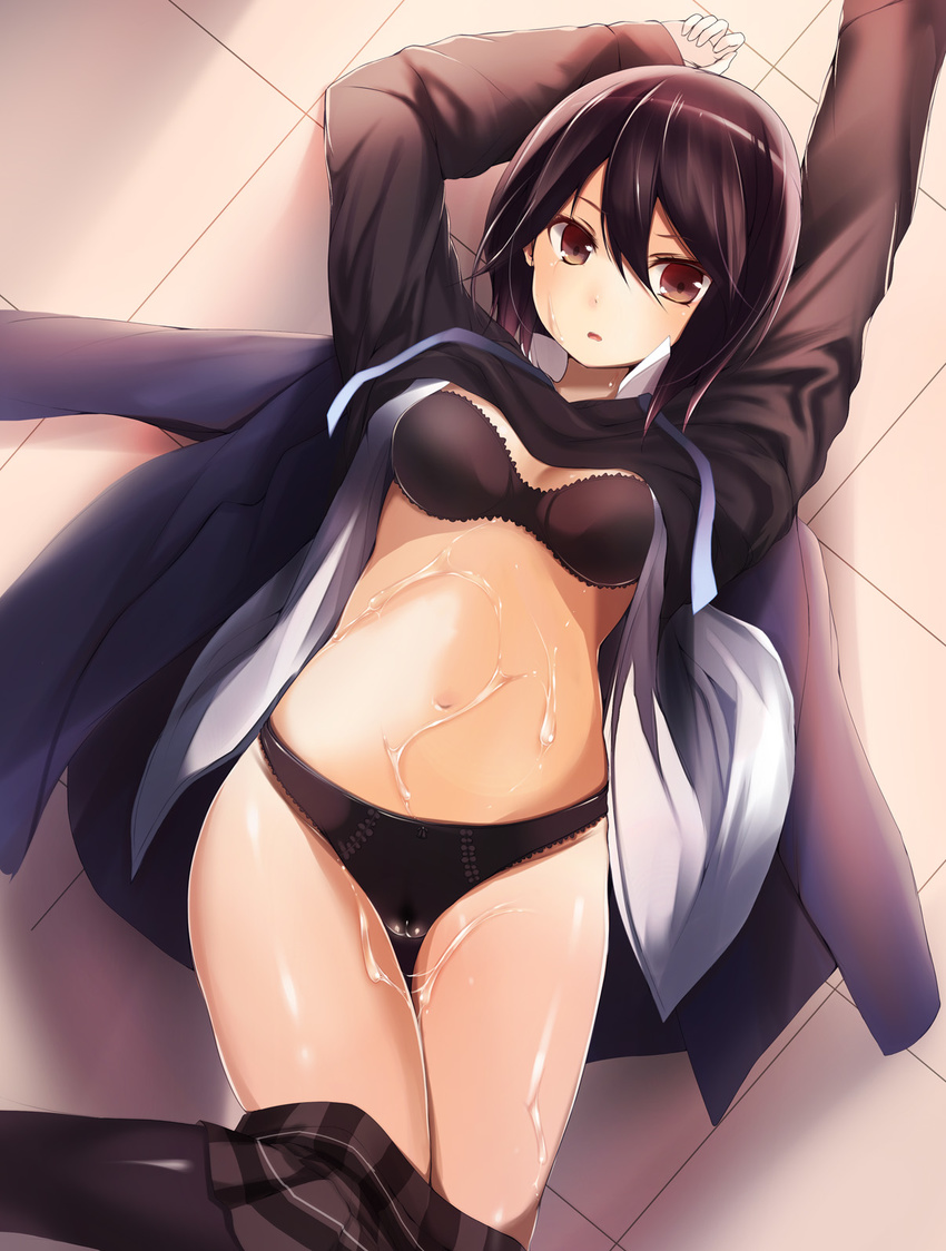 black_bra black_hair black_panties bra brown_eyes cum cum_on_body cum_on_lower_body hair_between_eyes highres inaba_himeko kokoro_connect lingerie lying on_back open_clothes open_shirt panties shirt solo tsuzuri_(itosousou) underwear