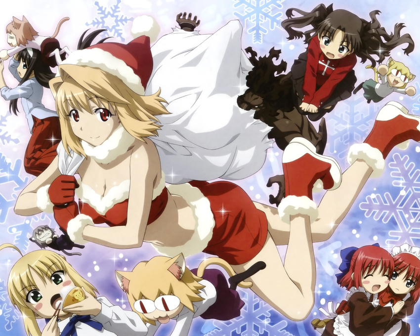 animal_ears arcueid_brunestud carnival_phantasm catgirl christmas cleavage fate/stay_night hisui kohaku morita_kazuaki neko_arc neko_chaos saber shingetsutan_tsukihime tail tohno_akiha tohsaka_rin