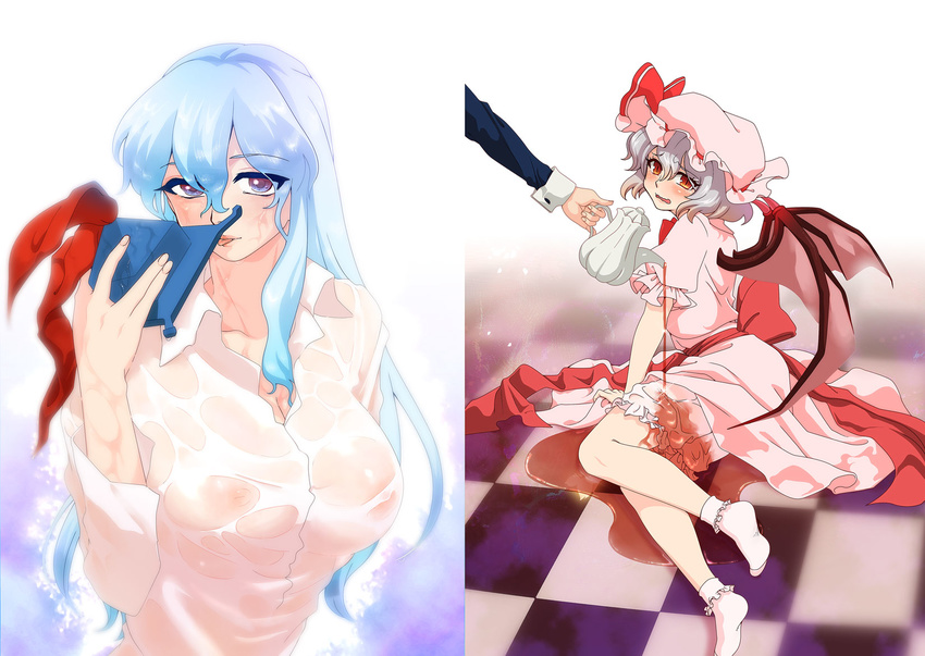 bat_wings bloomers blue_hair blush bobby_socks checkered checkered_floor cover cover_page dress hat hat_removed headwear_removed highres kamishirasawa_keine lavender_hair licking long_hair looking_at_viewer multiple_girls orange_eyes pink_dress remilia_scarlet see-through short_hair sitting slit_pupils socks teapot tears tongue touhou underwear wet wet_clothes wings yumiya