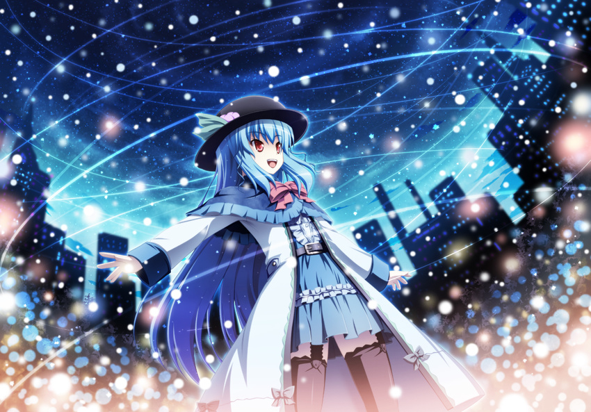 :d akashio_(loli_ace) alternate_costume belt black_legwear blue_hair bow bowtie building capelet cityscape dress garter_straps gloves hat hinanawi_tenshi long_hair open_mouth outstretched_arms red_eyes skirt sky smile snow snowing solo thighhighs touhou very_long_hair