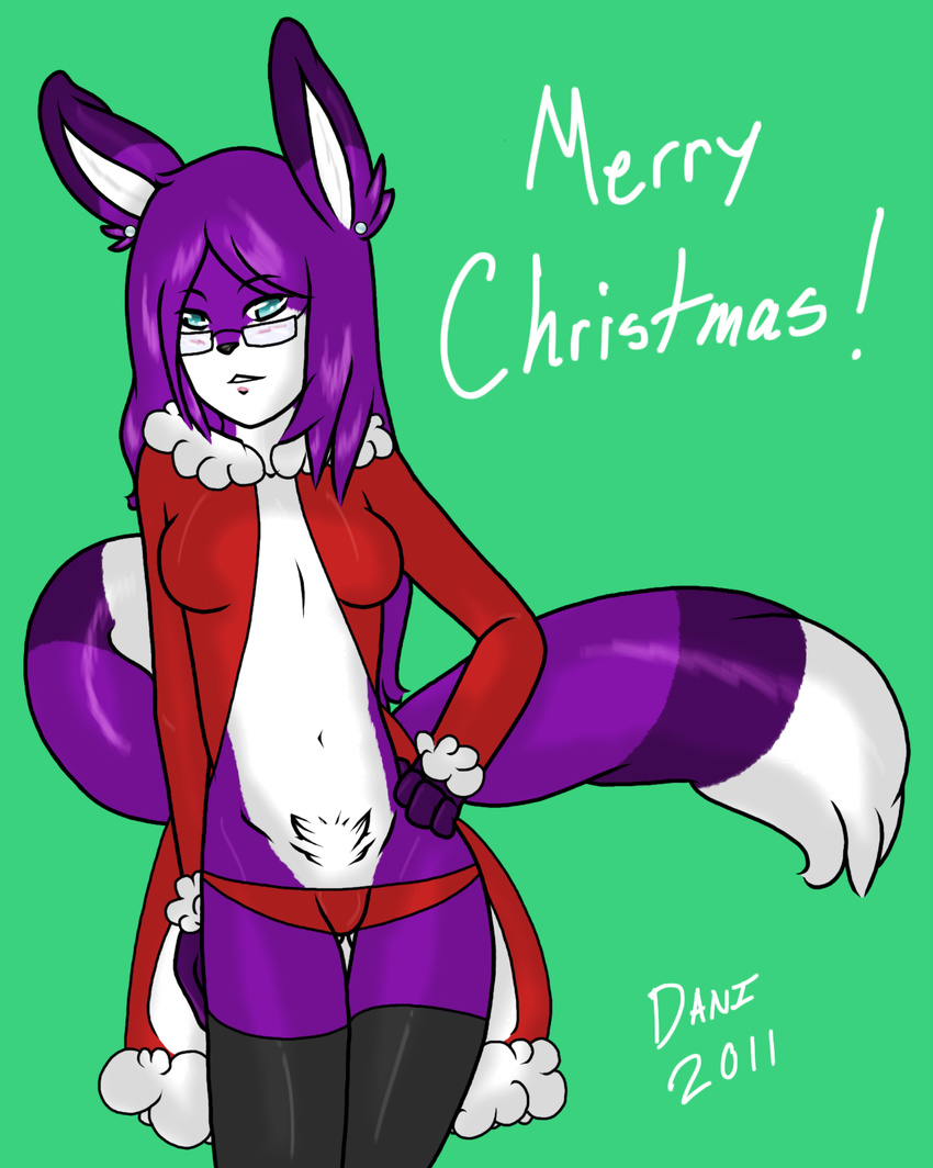 blue_eyes breasts canine christmas dani_(daniruu) daniruu ear_piercing earring eyewear female fluff fox fur fursona glasses hair holidays kitsune legwear long_hair long_tail mammal multiple_tails panties piercing pubes pubic_hair purple purple_fur purple_hair robe stockings tail underwear xmas