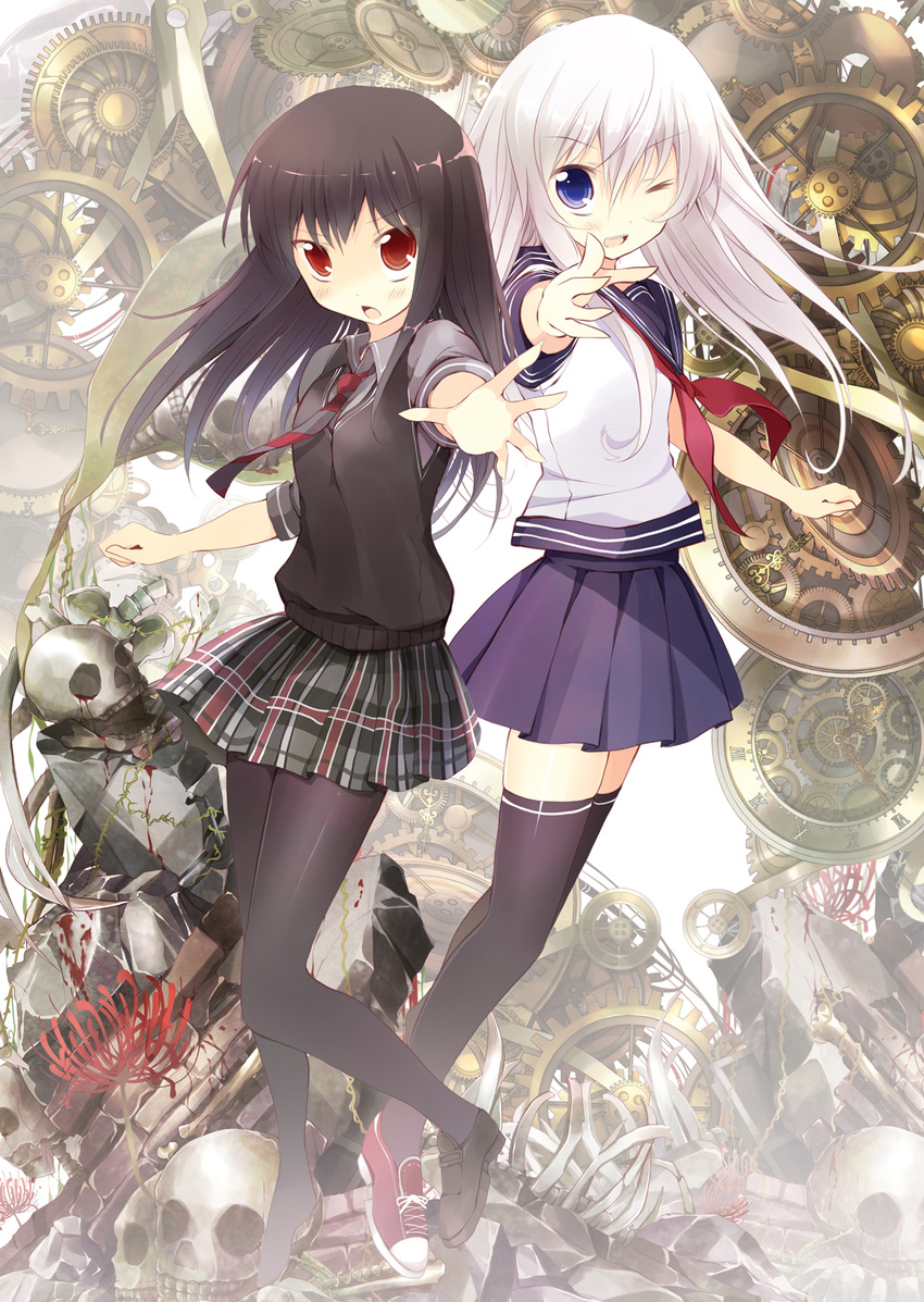 black_hair blush highres hoshikuzu long_hair multiple_girls one_eye_closed original pantyhose school_uniform skull thighhighs white_hair zettai_ryouiki