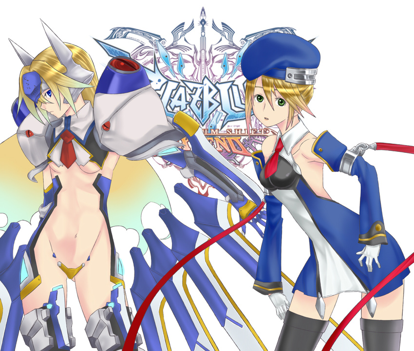 2girls arc_system_works artist_request beret blazblue blonde_hair blue_eyes breasts crotch_plate green_eyes hat headdress highres mecha_musume mu-12 multiple_girls necktie noel_vermillion underboob uniform wings