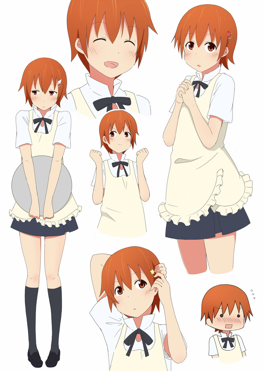 apron blush character_sheet highres inami_mahiru koa long_legs multiple_views orange_hair short_hair waitress working!!