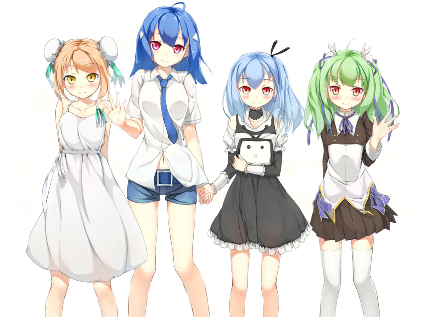 acfun acfun_girl ahoge aqua_hair bare_shoulders bili_girl_22 bili_girl_33 bilibili_douga blue_hair blush brown_hair bun_cover cu_(fsy84738368) double_bun dress green_dam green_hair hair_bun hair_ribbon highres holding_hands long_hair mascot multiple_girls necktie os-tan personification red_eyes ribbon short_hair simple_background skirt television twintails waving white_background yellow_eyes