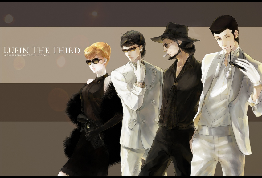 3boys arsene_lupin_iii casual cigarette dress formal hat highres ishikawa_goemon_xiii jigen_daisuke kotaru_(1286284) lupin_iii mine_fujiko multiple_boys necktie suit sunglasses