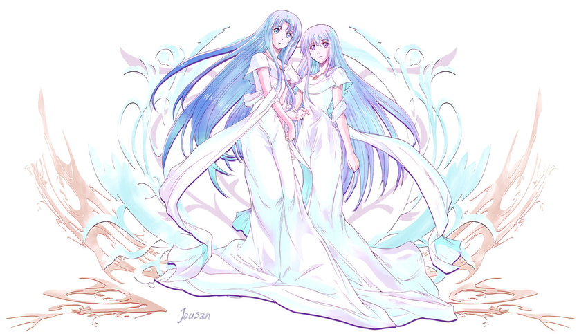 ancient_ys_vanished blue_eyes blue_hair dress feena_(ys) full_body jewelry long_hair multiple_girls necklace reah_(ys) sash siblings signature sisters twins white white_background white_dress xiacheng_tatsuya ys