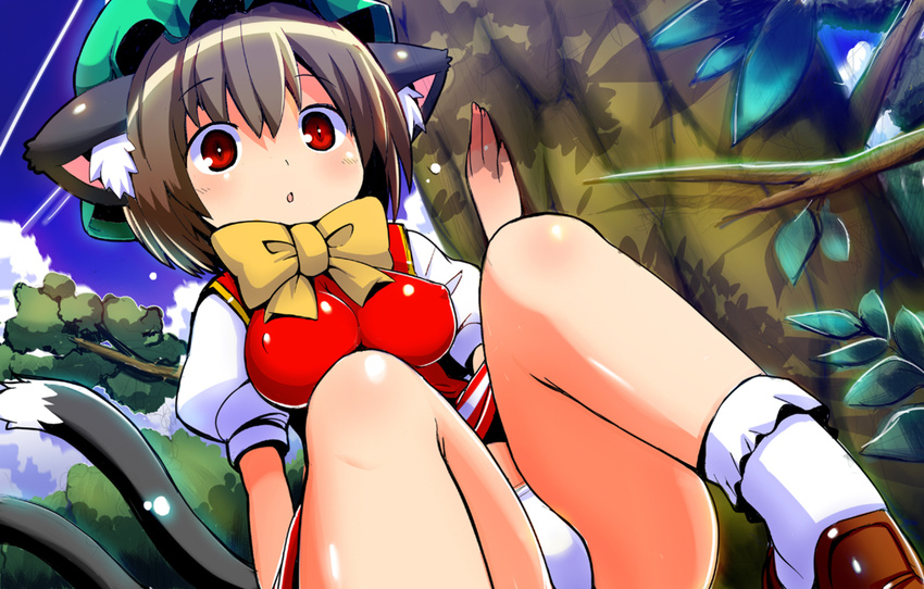 :o animal_ears bobby_socks bow bowtie breasts brown_hair cat_ears cat_tail chen covered_nipples dutch_angle from_below hat impossible_clothes impossible_shirt kitsune_choukan large_breasts looking_down multiple_tails panties pantyshot pantyshot_(sitting) red_eyes shirt sitting socks solo staring tail touhou tree underwear white_panties