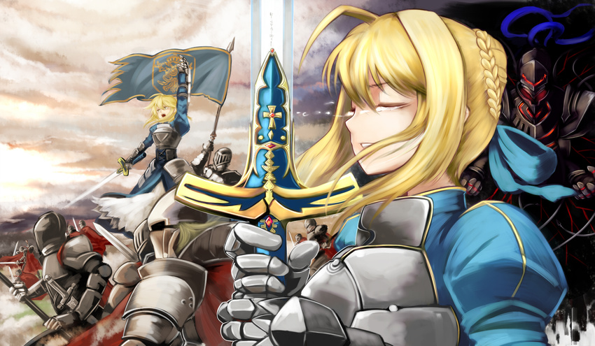 6+boys ahoge armor artoria_pendragon_(all) battle berserker_(fate/zero) blonde_hair caliburn dress emerane excalibur fate/stay_night fate/zero fate_(series) full_armor gauntlets hair_ribbon knight multiple_boys ribbon saber sword tears weapon