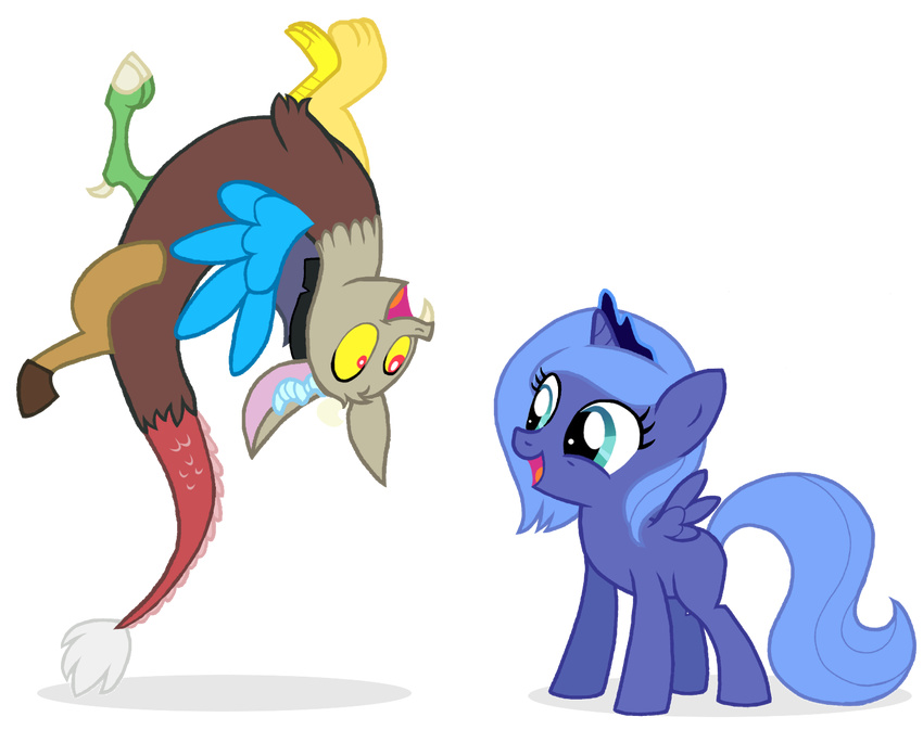 alicorn blue_eyes crown discord_(mlp) draconequus dress duo equine fangs female feral flausch-katzerl friendship_is_magic horn male mammal my_little_pony plain_background princess_luna_(mlp) transparent_background winged_unicorn wings