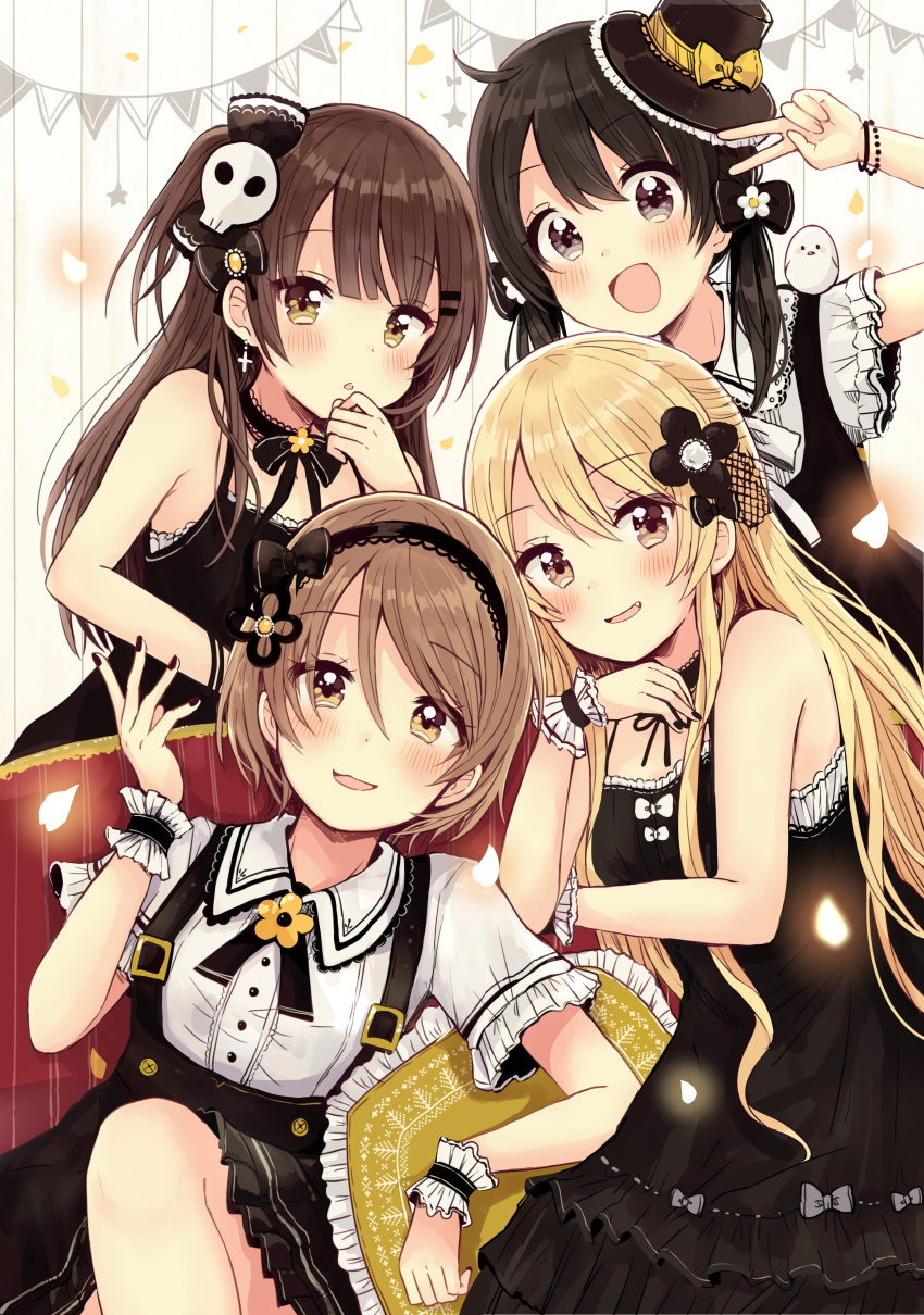 4girls :d absurdres bare_shoulders black_bow black_dress black_hairband black_hat black_nails blonde_hair blush bow bracelet brown_eyes brown_hair collared_shirt commentary_request dress dress_shirt fang fingernails flower frilled_pillow frills hair_bow hair_flower hair_ornament hairband hand_up hat highres jewelry light_brown_hair long_hair low_twintails mini_hat mini_top_hat multiple_girls nail_polish on_shoulder open_mouth original pennant pillow sakura_oriko shirt short_sleeves skull_hair_ornament sleeveless sleeveless_dress smile star string_of_flags tilted_headwear top_hat twintails white_flower white_shirt wrist_cuffs