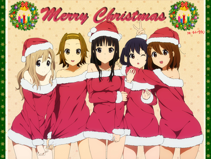 :d ;o absurdres akiyama_mio alternate_costume arm_around_shoulder arm_grab bangs bare_shoulders beige_background bell black_eyes black_hair blue_eyes blunt_bangs blush bow breasts brown_eyes brown_hair bug bunny_ears_prank butterfly candle christmas_ornaments christmas_tree christmas_wreath clenched_hands closed_mouth cowboy_shot dress english eyebrows frown fur_trim hair_between_eyes hair_ornament hairband hairclip hand_on_another's_shoulder hat heart highres hirasawa_yui holding_arm holly insect k-on! kotobuki_tsumugi legs_apart legs_together light_brown_hair light_smile lineup long_hair long_sleeves looking_at_viewer medium_breasts multiple_girls mushroom nakano_azusa off_shoulder one_eye_closed open_mouth parted_bangs pillarboxed raised_eyebrows red_dress red_hat ribbon santa_costume santa_hat short_dress short_hair side-by-side sidelocks skirt skirt_tug small_breasts smile snowflakes square standing star surprised tainaka_ritsu tan thick_eyebrows thigh_gap twintails v wince wreath yukiyo_(otca202)