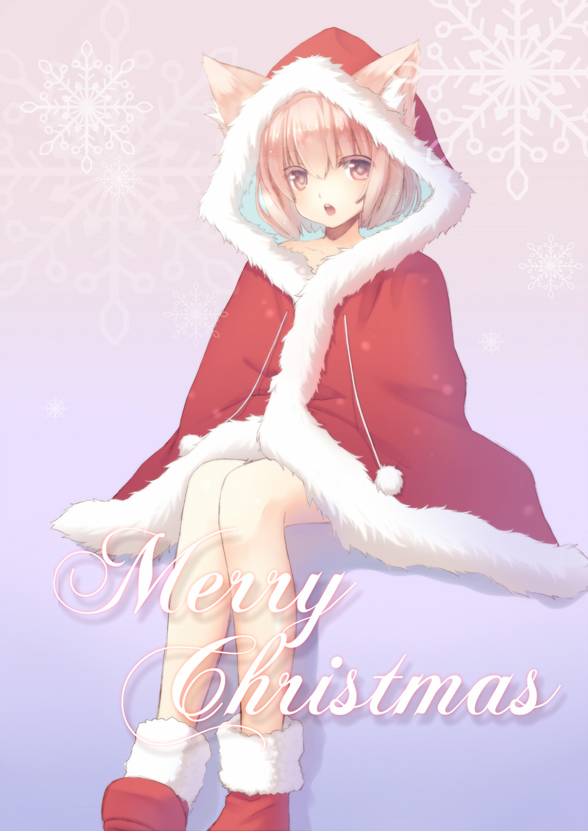 animal_ears blonde_hair cat_ears highres hood nana_mikoto original santa_costume short_hair sitting solo yellow_eyes