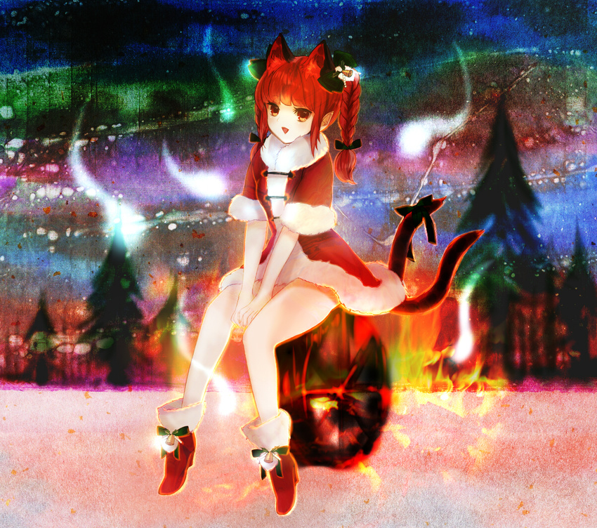 alternate_costume animal_ears bad_id bad_pixiv_id bare_legs bell boots braid cat_ears cat_tail christmas extra_ears fur_trim hitodama kaenbyou_rin legs multiple_tails pointy_ears red_eyes red_hair santa_costume sitting solo tail touhou twin_braids twintails viridiflora