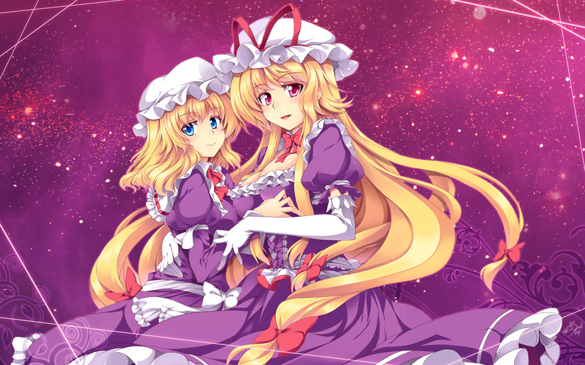 blonde_hair blue_eyes breasts cleavage corset dress elbow_gloves frills gloves hair_ribbon hand_on_hip hat hat_ribbon highres lace lace-trimmed_skirt large_breasts long_hair long_sleeves look-alike looking_at_viewer maribel_hearn multiple_girls open_mouth puffy_sleeves purple_background purple_dress purple_eyes ribbon sash short_sleeves signature skirt smile touhou white_gloves windart yakumo_yukari