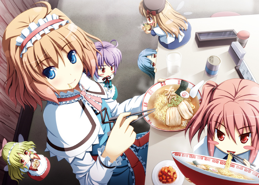 ahoge akashio_(loli_ace) alice_margatroid apron blonde_hair blue_eyes blue_hair blush blush_stickers bow bowl brown_hair capelet chopsticks cube doll dress eating floor food food_in_mouth hair_bow hairband holding kamaboko lavender_hair long_hair long_sleeves looking meandros meat narutomaki noodles nori_(seaweed) open_mouth peeking_out perspective pink_hair purple_hair ramen red_eyes red_hair salt_shaker sash shanghai_doll short_hair sitting smile solo table tissue touhou twintails wings
