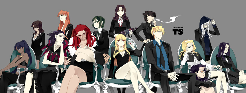 6+girls ahoge alcohol artoria_pendragon_(all) assassin_(fate/zero) bare_shoulders belt berserker_(fate/zero) black_hair black_suit blonde_hair blue_eyes blue_hair bob_cut bottle breasts brown_eyes brown_hair capelet caster_(fate/zero) chair cigarette cleavage coat copyright_name cross crossed_legs cup dark_skin dress dress_suit drinking_glass earrings emiya_kiritsugu english everyone fate/zero fate_(series) female_assassin_(fate/zero) formal fur_trim genderswap genderswap_(ftm) genderswap_(mtf) gilgamesh green_eyes green_hair grey_background grey_eyes hand_on_hip hand_on_own_cheek hand_on_own_chin hands_clasped hands_on_own_knees highres holding hood hoodie jacket jewelry kayneth_el-melloi_archibald kotomine_kirei lace lace-trimmed_skirt lancer_(fate/zero) long_hair looking_at_another looking_at_viewer looking_away looking_down matou_kariya medium_breasts midriff mole multiple_girls necklace necktie no_mask odd_one_out open_clothes open_coat open_jacket orange_hair own_hands_together pants ponytail pout purple_eyes purple_hair red_eyes red_hair rider_(fate/zero) rozer saber short_hair simple_background sitting skirt sleeveless sleeveless_dress smile smirk smoke smoking suit tight tight_pants toosaka_tokiomi underboob uryuu_ryuunosuke waver_velvet white_hair wine wine_glass yellow_eyes