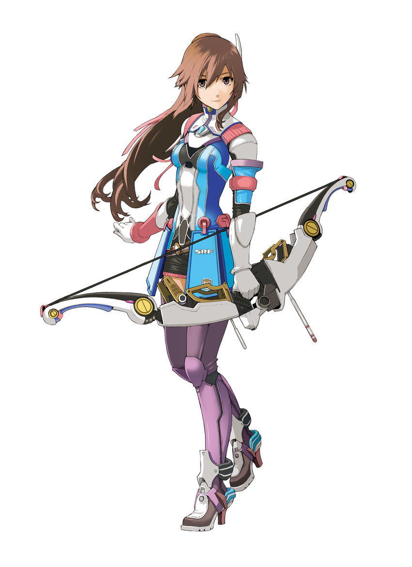 absurdres archery armor belt bow_(weapon) breasts brown_eyes brown_hair enami_katsumi full_body gloves high_heels highres long_hair official_art ponytail ribbon saionji_reimi shoes skirt small_breasts solo standing star_ocean star_ocean_the_last_hope thighhighs transparent_background weapon