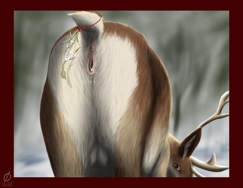anatomically_correct antlers anus butt butt_shot cervine crotchboob emptyset female feral horn looking_back mammal mistletoe presenting pussy pussy_juice reindeer solo teats