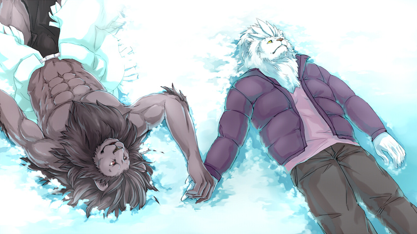 anthro aotsuki091 biceps brown_eyes brown_fur brown_hair bulge clothed clothing couple duo feline fur gay hair half-dressed hand_holding lion male mammal muscles pecs romantic sky_(artist) snow topless white_fur white_hair winter yellow_eyes