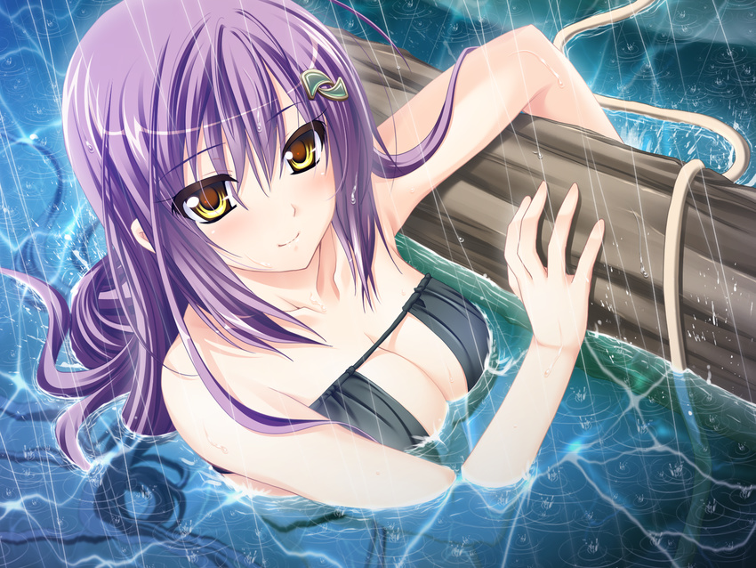 1girl female game_cg highres kanna_(plum) koisuru_koto_to_mitsuketari koisuru_koto_to_mitsuketari! long_hair purple_hair rain smile solo takanoha_mira yellow_eyes