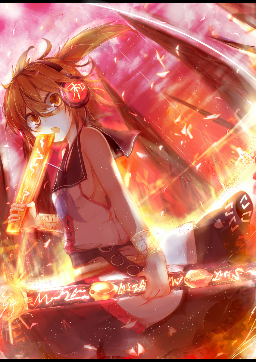absurdres belt benio_(dontsugel) bracelet breasts brown_eyes brown_hair dutch_angle fire flame glowing headphones highres holding jewelry letterboxed open_mouth ribbon ritual_baton sailor_collar shirt short_hair sideboob skirt sleeveless sleeveless_shirt small_breasts solo sword touhou toyosatomimi_no_miko weapon