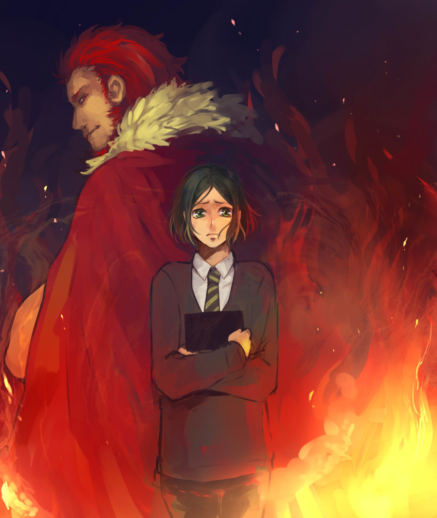 armor bad_id bad_pixiv_id bangs beard book book_hug cape facial_hair fate/zero fate_(series) fire green_eyes green_hair highres holding holding_book juuya male_focus multiple_boys necktie parted_bangs red_eyes red_hair rider_(fate/zero) waver_velvet