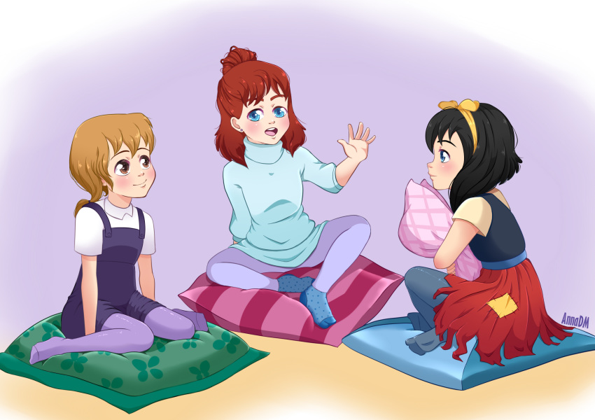 3girls all_dogs_go_to_heaven annadm anne-marie black_hair blonde_hair blue_eyes brown_eyes cushions disney don_bluth dress hairbow jennifer_foxworth leggings multiple_girls no_background oliver_and_company penny pillows red_hair safe sleepover the_rescuers