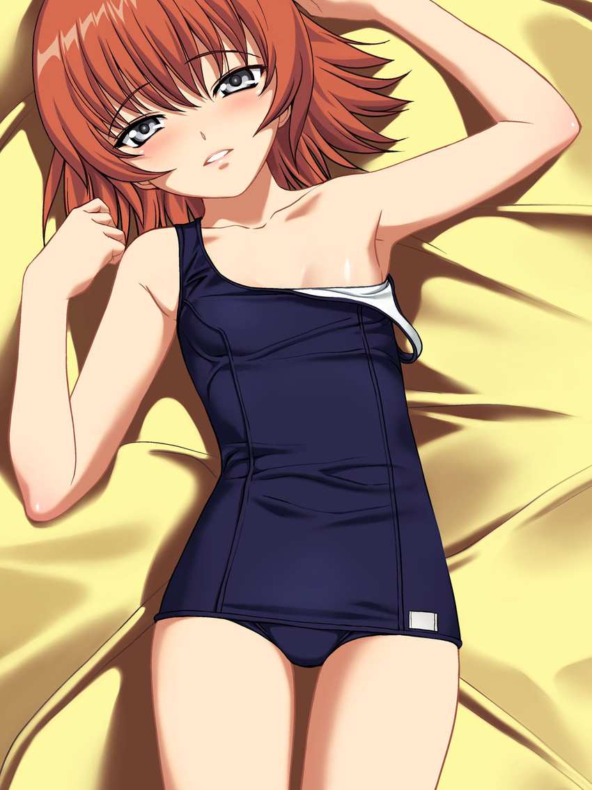 a1 armpits bed_sheet collarbone face highres kaleido_star lips looking_at_viewer lying off_shoulder on_back one-piece_swimsuit red_hair rosetta_passel school_swimsuit short_hair silver_eyes solo swimsuit