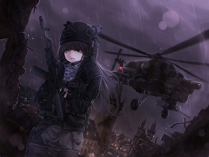 aircraft ak-74 assault_rifle black_hair black_legwear call_of_duty call_of_duty:_modern_warfare_3 clock clock_tower gloves gun headset helicopter helmet heterochromia holster koh_(minagi_kou) load_bearing_vest long_hair mi-28 military military_operator military_uniform pantyhose rain realistic rifle scenery skirt suppressor thigh_holster tower trigger_discipline uniform weapon