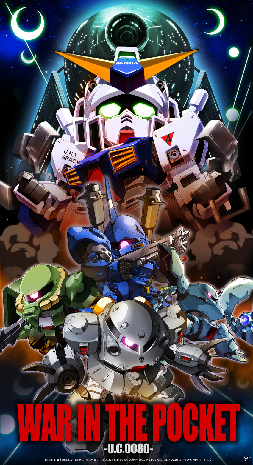 chibi clenched_hands dust embers explosion gun gundam gundam_0080 gundam_alex highres hygogg kampfer_(mobile_suit) kaz_(kaz323) long_image machine_gun mecha no_humans o'neill_cylinder shotgun signature space space_colony tall_image text_focus weapon z'gok-e zaku zaku_ii zaku_ii_fz_kai