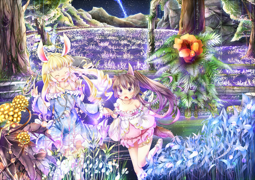 animal_ears blonde_hair blush character_request dress elin_(tera) flower long_hair multiple_girls scenery sugiyuu tera_online