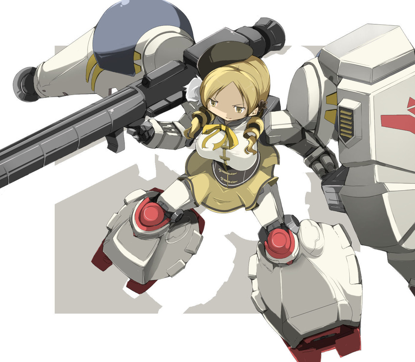 bazooka blonde_hair drill_hair gun gundam gundam_0083 gundam_gp-02_physalis highres mahou_shoujo_madoka_magica md5_mismatch mecha_musume name_john parody ribbon shield solo tomoe_mami twin_drills twintails weapon yellow_eyes