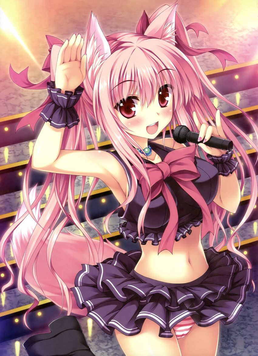 :d absurdres animal_ears armpits bare_shoulders blush bow breasts cameltoe cowboy_shot dengeki_moeou fingernails fox_ears fox_girl fox_shadow_puppet fox_tail frilled_skirt frills garters hair_bow hands highres large_breasts looking_at_viewer microphone midriff miniskirt nail_polish navel open_mouth original panties pink_eyes pink_hair scan skirt smile solo striped striped_panties tail tateha_(marvelous_grace) underwear