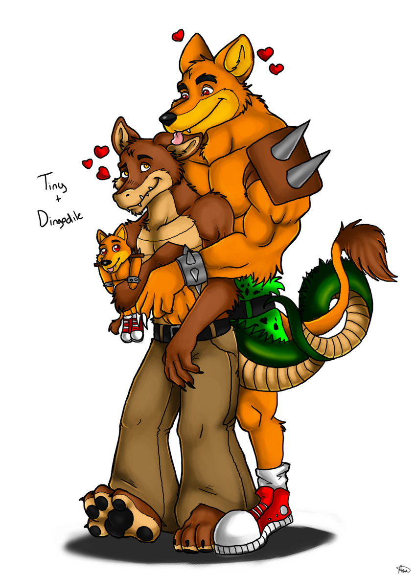 amber_eyes biceps big_muscles brown brown_fur canine claws clothing collaboration couple crash_bandicoot_(series) crocodile cute dingo dingodile dog embrace feline fur gay hybrid licking love male mammal muscles mutant-serpentina mutant_serpentina orange orange_fur pants pawpads plain_background plushie red_eyes reptile scalie serpentina666 shoes shoulder_pads shoulderpads tail teeth tiger tiny_tiger tongue topless video_games white_background