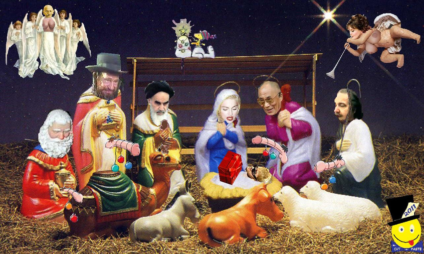 angel ayatollah_khomeini christmas dalai_lama dick_in_a_box jesus joseph justin_timberlake madonna mahatma_gandhi marie_osmond mel_brooks mrcutnpaste nativity peanuts rabbi_tuck robin_hood_men_in_tights ron_jeremy santa_claus snoopy three_wise_men virgin_mary woodstock