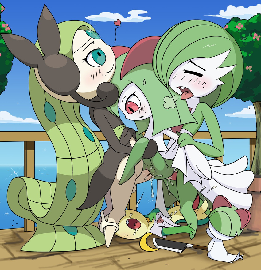 blue_eyes blush closed_eyes color_connection double_penetration freckles futanari gardevoir gen_3_pokemon gen_5_pokemon green_eyes heart highres kirlia knife looking_down lying meloetta multiple_penises no_humans on_back open_mouth outdoors panties panties_around_ankles panty_pull penis pokemon pokemon_(creature) pokemon_(game) ralts red_eyes sex smile snivy standing testicles tongue tongue_out tricksta underwear vaginal