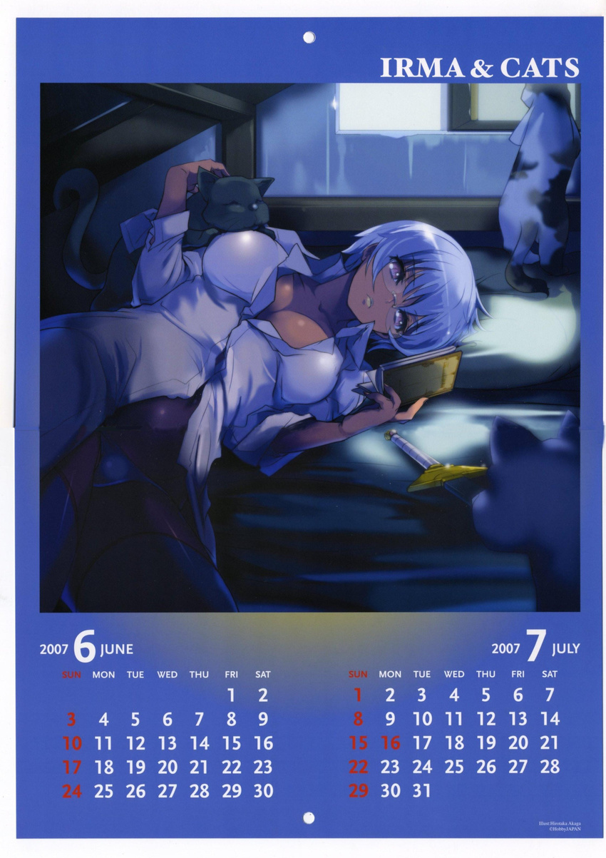 2007 absurdres akaga_hirotaka artist_name bed blue_hair book breasts calendar_(medium) cat cleavage closed_mouth company_name dark_skin dress_shirt glasses highres holding holding_book indoors irma july june large_breasts lying official_art on_side panties petting pink_eyes queen's_blade reading rimless_eyewear scan shirt short_hair solo sword thighhighs underwear weapon
