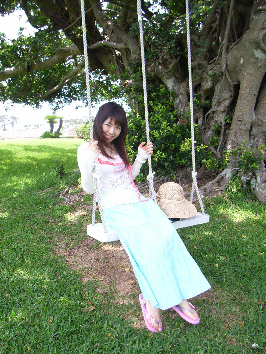 dress hat highres lawn long_dress photo sandals smile straw_hat swing tree